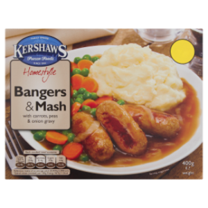 Kershaws Homestyle Bangers & Mash with Carrots, Peas & Onion Gravy 400g